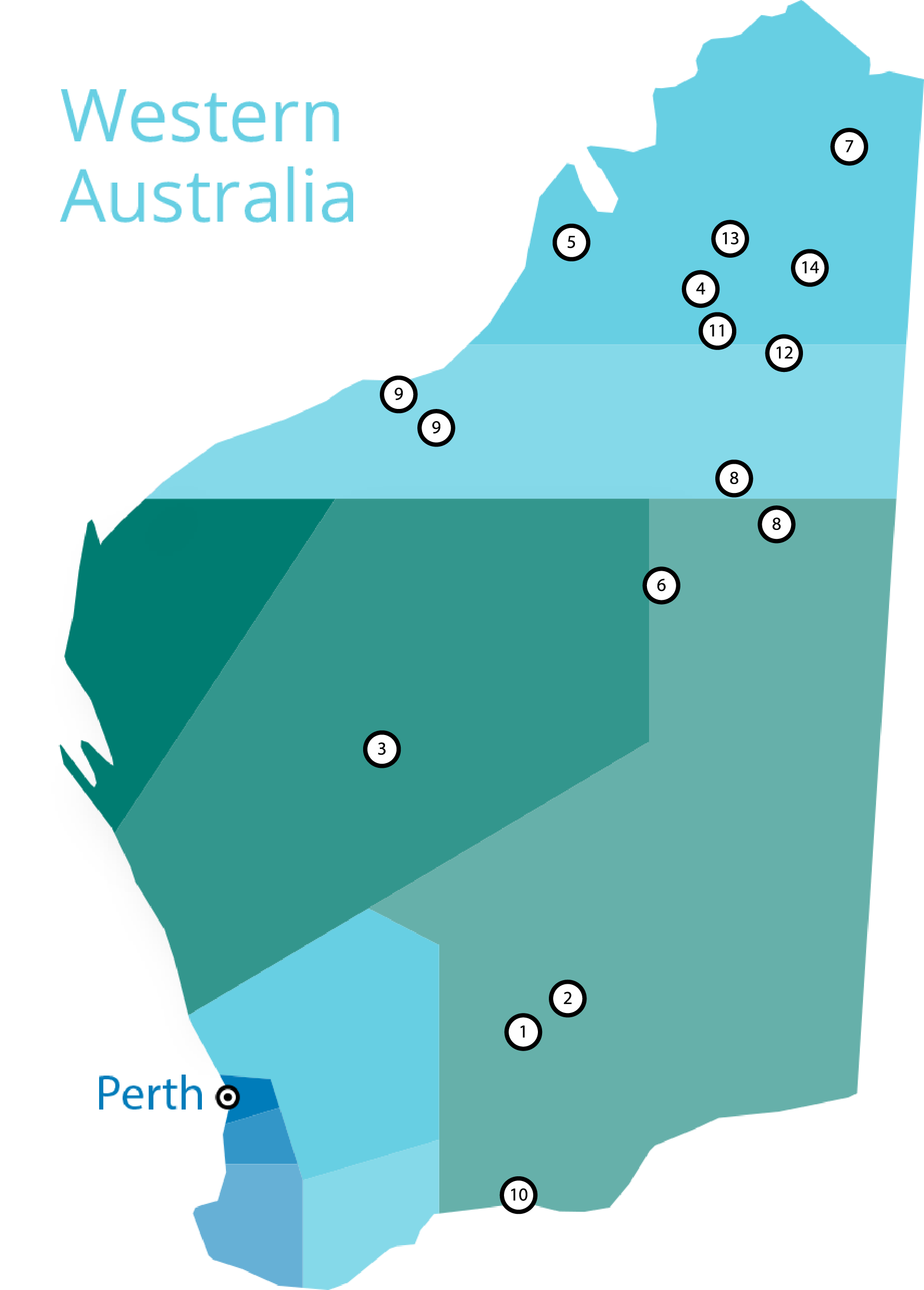 A map of Western Australia showing AICS